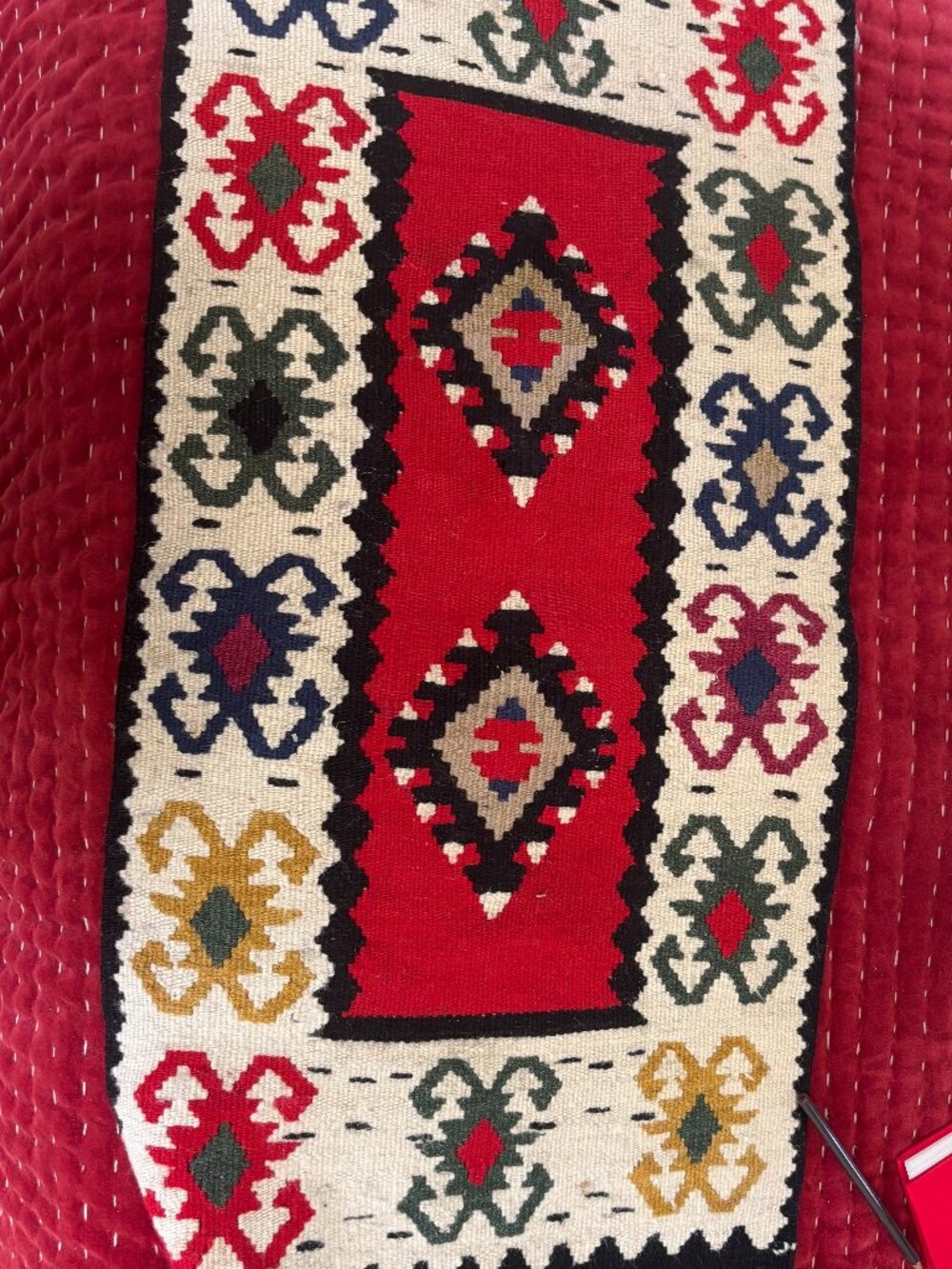 Turkish handwoven red Kilim 31" x 16" plus fringe = vintage